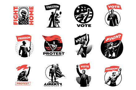 A set of protest emblems. People