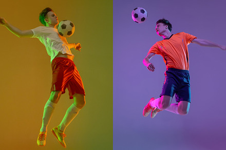 Sport collage. Young man, professional soccer player in action training isolate, a Sports & Recreation Photo by Volodymyr Melnyk