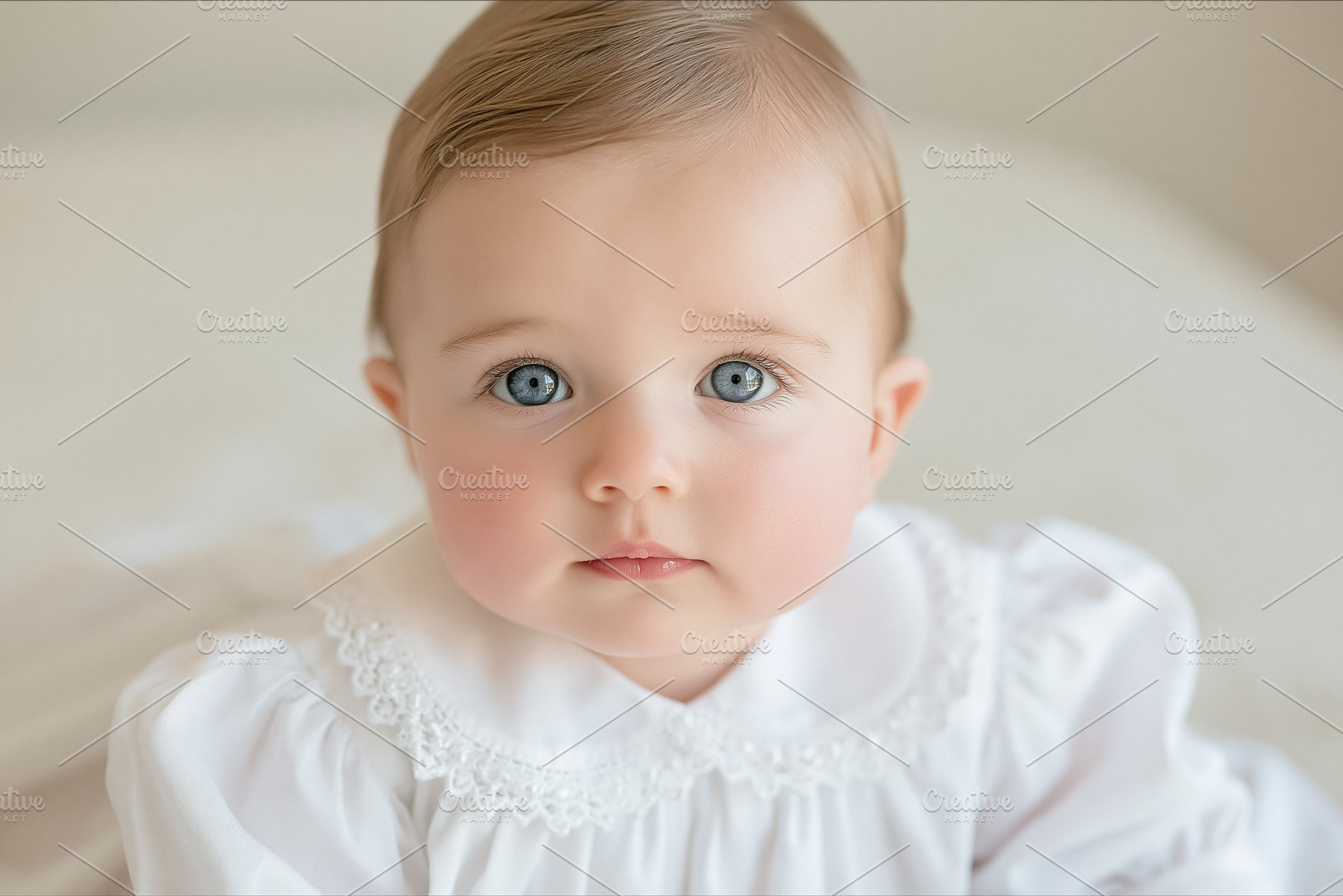 Innocent baby looking at camera, blue eyes full of wonder, sweet, a Person Photo by Studio ANNA