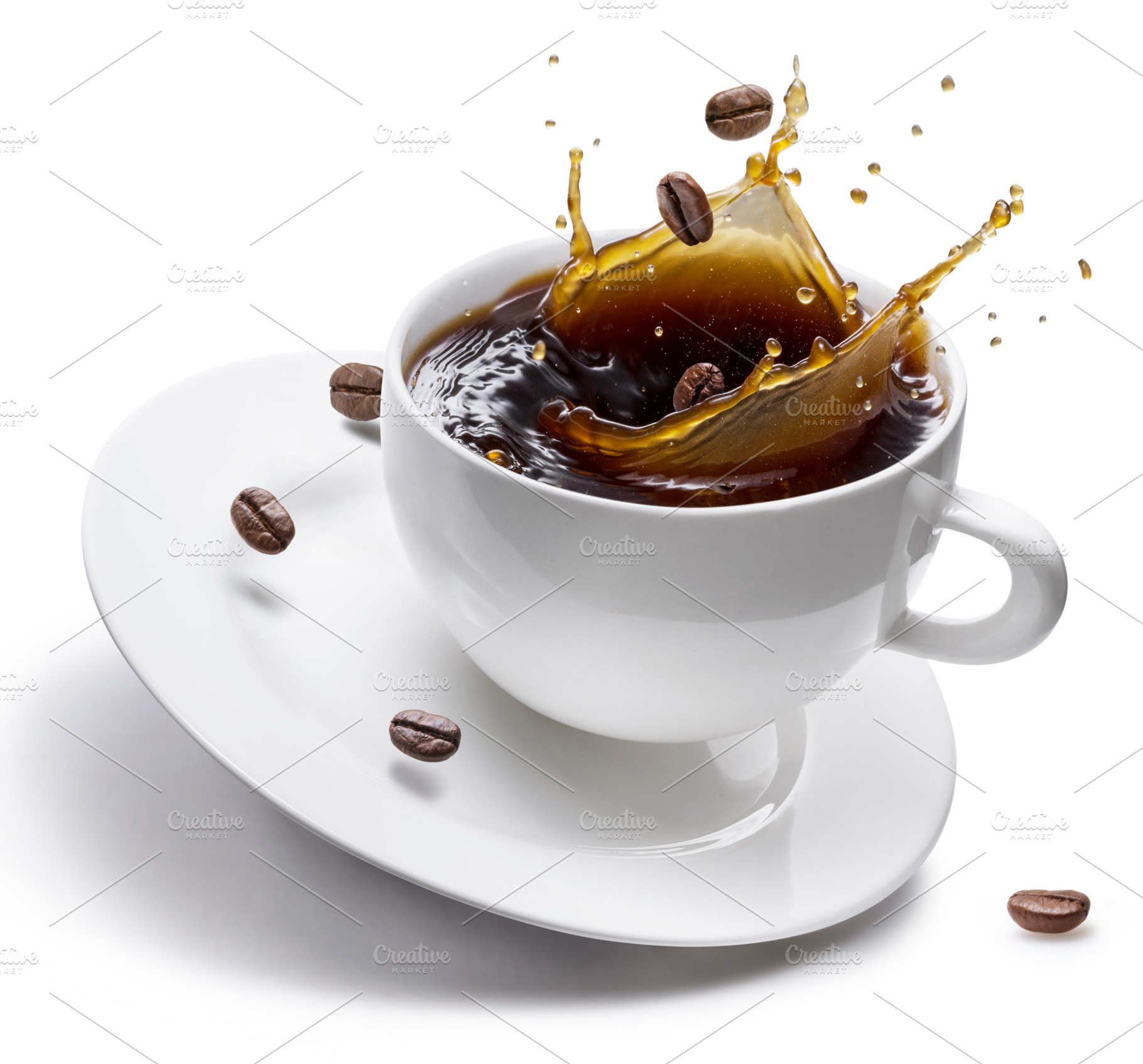 Coffee drink and coffee beans splashing from cup of coffee isola, a Food & Drink Photo by Volff