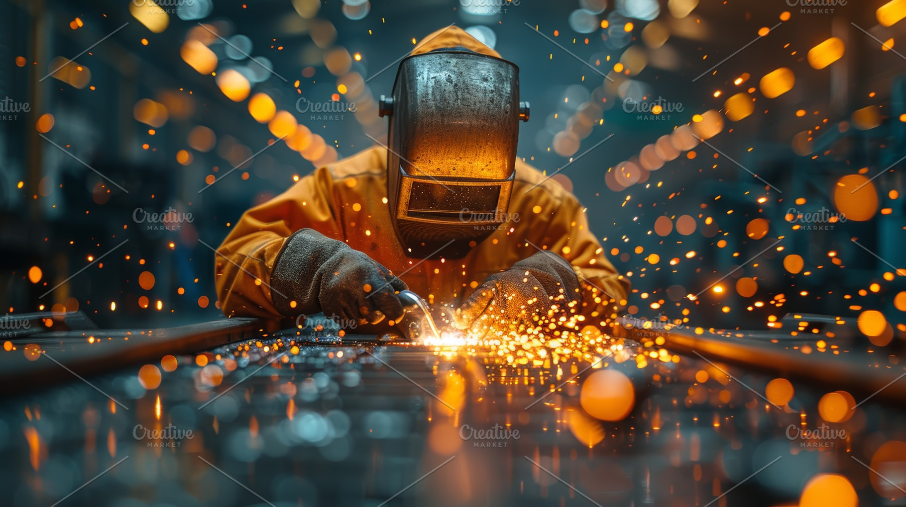 Skilled Worker in Protective Gear Welding Metal with Sparks Flying in Industria, a Photo by AS photostudio
