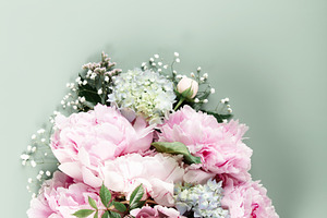 Fresh Pink Peonies and Hydrangeas in Kraft Paper Bag, a Holiday Photo by Natalia Klenova's Shop