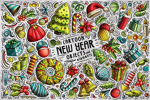 New Year Cartoon Objects Set