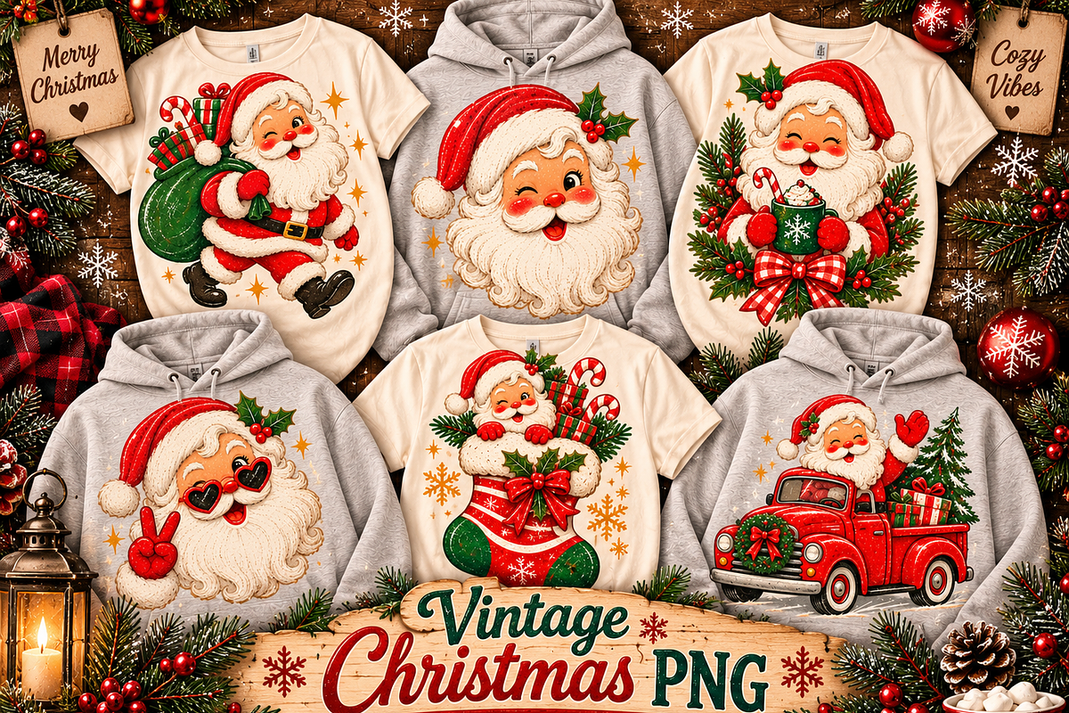 Vintage Santa PNG Designs 6pics, a Decorative Illustration by ElDesignState (Photo 1 of 8)