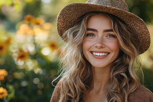 Smiling young woman with long wavy hair wearing straw hat in sun, a Nature Photo by José Manuel Gelpi