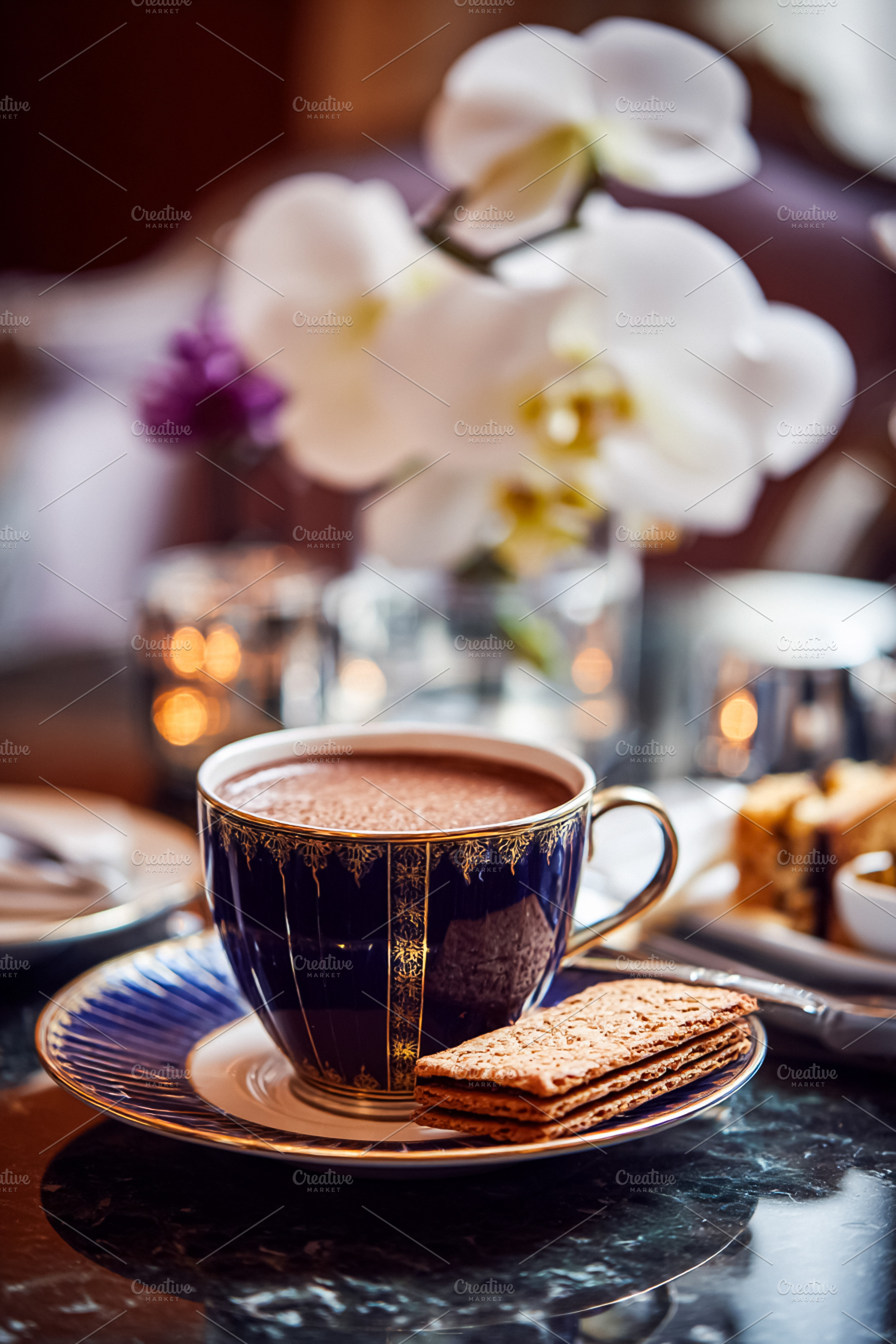 Hot chocolate service on a marble table with cookies in an elega, a Food & Drink Photo by Studio ANNA