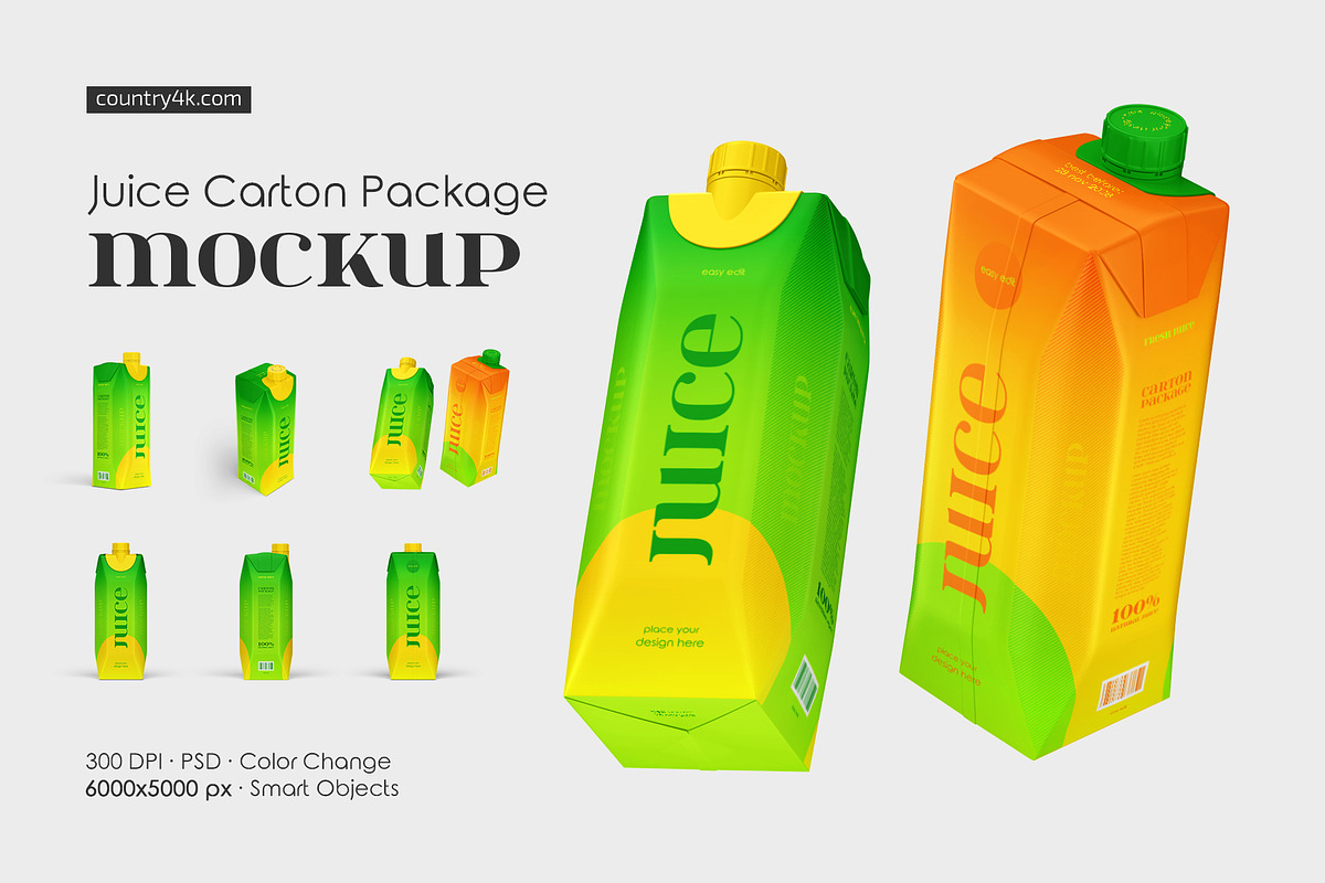 Juice Carton Package Mockup Set, a Packaging Mockup by Country4k (Photo 1 of 4)