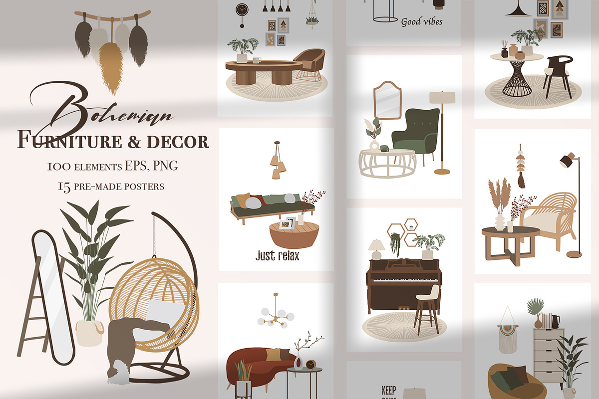 Boho Furniture set. Scene creator, a Decorative Illustration by ApetekMarket (Photo 1 of 8)
