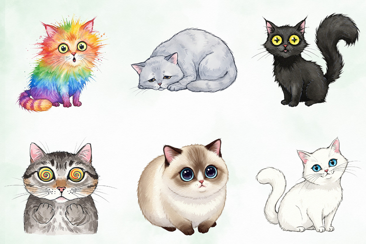 Watercolor Funny Quirky Cat Png, an Illustration by Creative Art (Photo 3 of 8)
