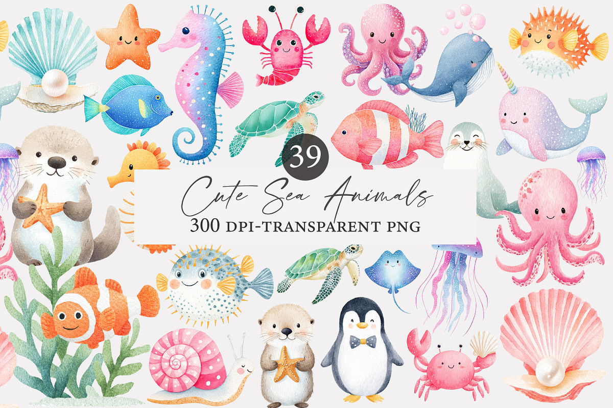 Cute Sea Animals Watercolor Clipart, an Illustration by Designworld (Photo 2 of 5)