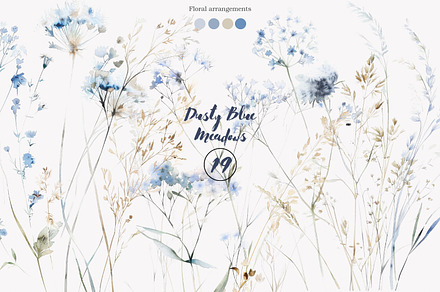 watercolor dusty blue meadow set, a Decorative Illustration by Patishop Art