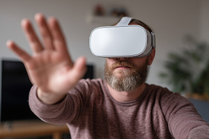 Man with vr glasses stretches hand, a Technology Photo by MistyDay