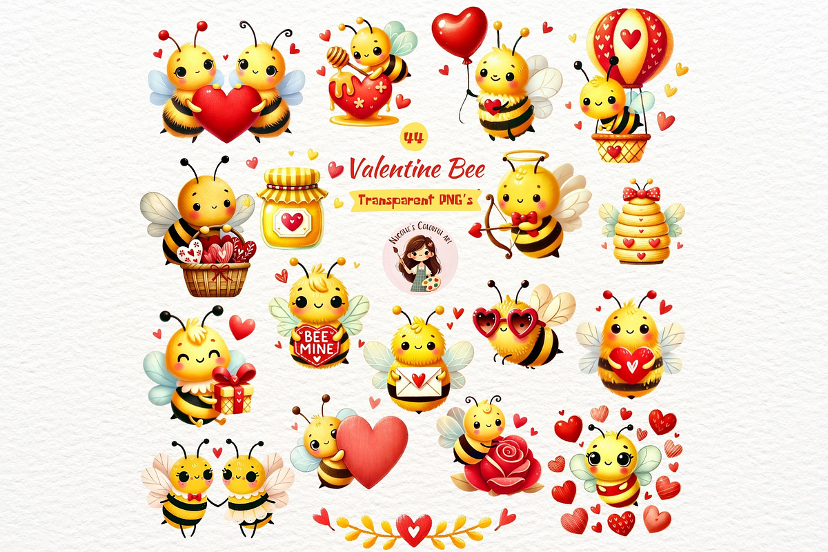 Valentine Bee Clipart Set, a Seasonal Illustration by Nicolle's Colorful Art (Photo 1 of 5)