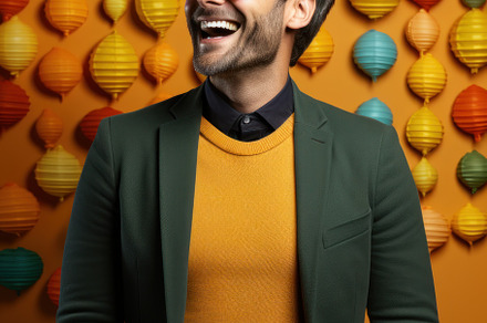 Happy young man in eyeglasses smiling  while standing near color, a Person Photo by AS photostudio