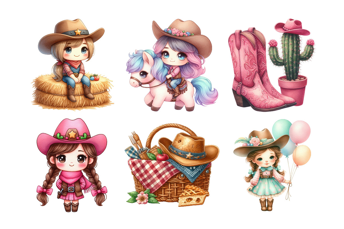 Kawaii Cowgirl Clipart Bundle, an Illustration by Daily.Designs (Photo 5 of 5)
