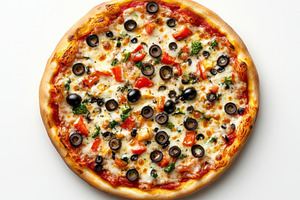 Pizza with vegetables and olives, is, a Food & Drink Photo by Pixeness Studio