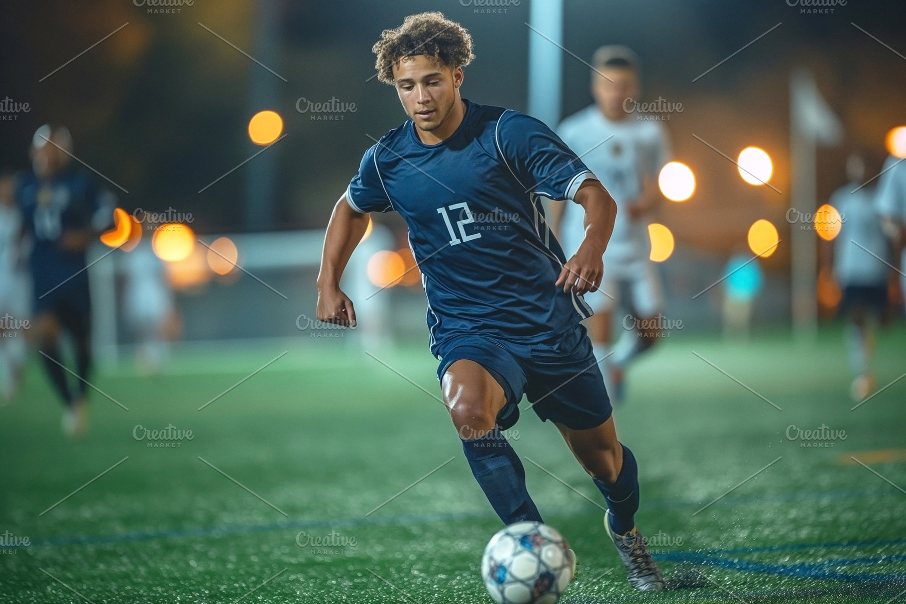 A young male athlete in dark blue soccer gear sprints on the fie, a Sports & Recreation Photo by ImageMir