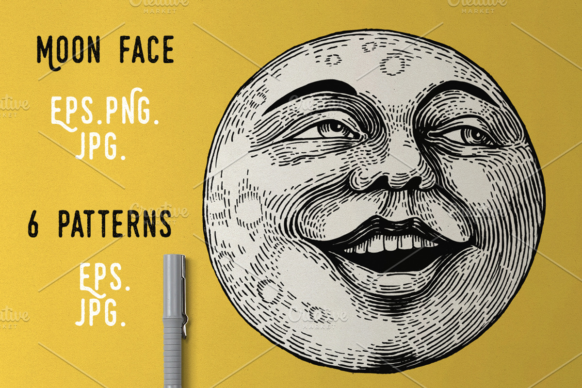 Moon Face Graphic & Patterns, a Decorative Illustration by ZiziMarket (Photo 1 of 5)