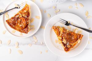 Traditional French almond cake with frangipane and apricots, a Food & Drink Photo by Rimma
