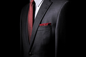 Elegant Black Suit with Red Tie