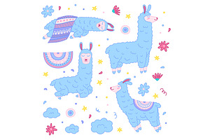 Doodle Llamas Fun Set. Vector