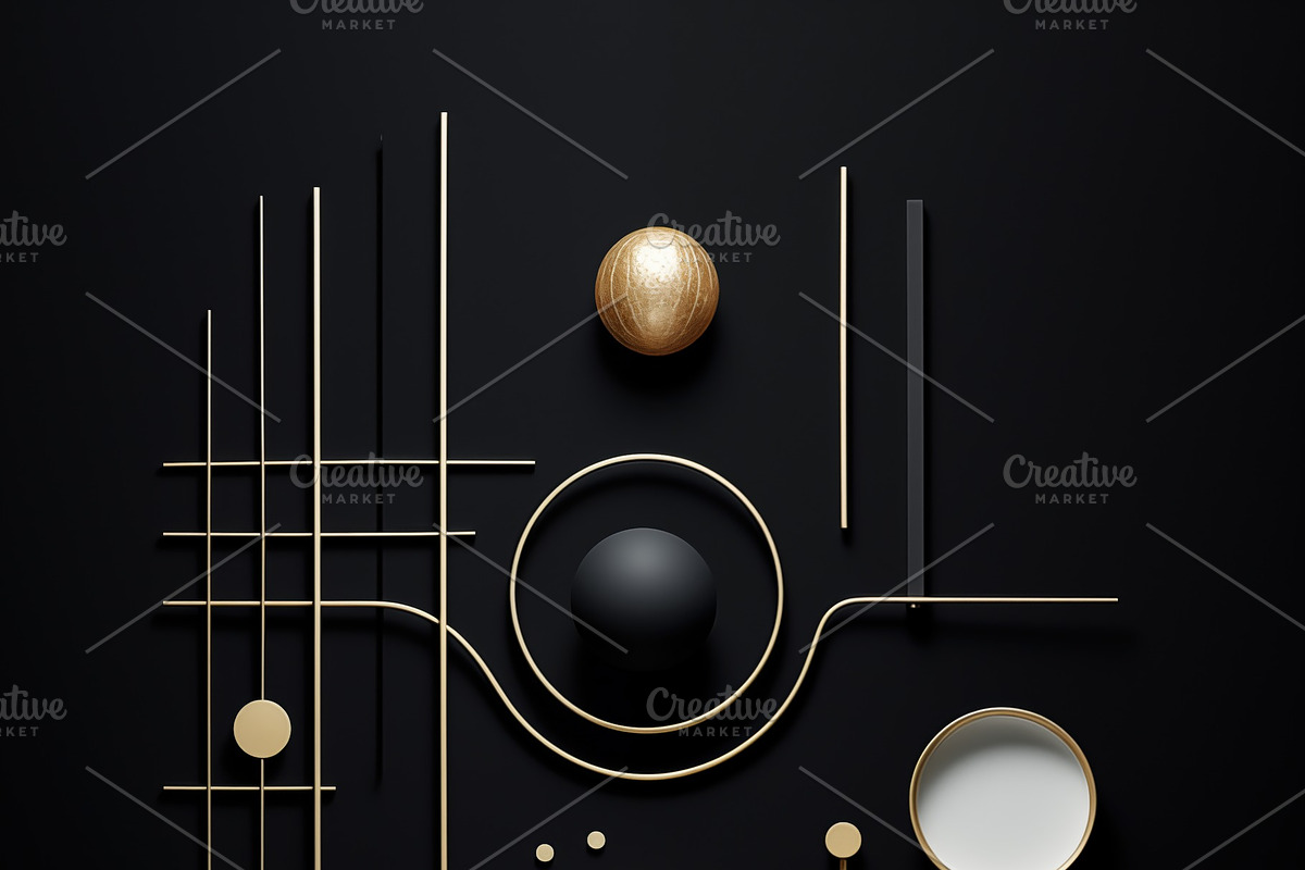 An abstract composition featuring geometric shapes and lines in gold, black, an, a Decorative Illustration by Textures & Backgrounds