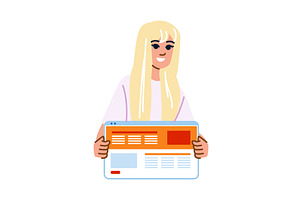 Smiling woman showing webpage with, a Technology Illustration by pikepicture