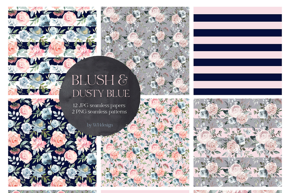 Blush & Dusty Blue Floral Clipart, a Decorative Illustration by whiteheartdesign (Photo 10 of 11)