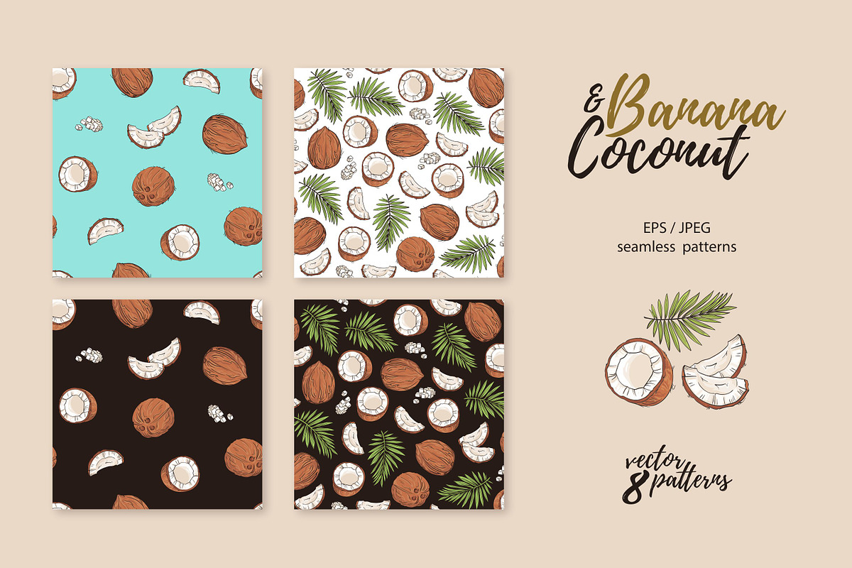Banana & Coconut seamless patterns, a Pattern Graphic by Alenkakarabanova (Photo 3 of 8)