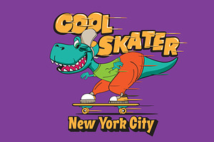 Vector Cartoon Skater Dinosaur Print