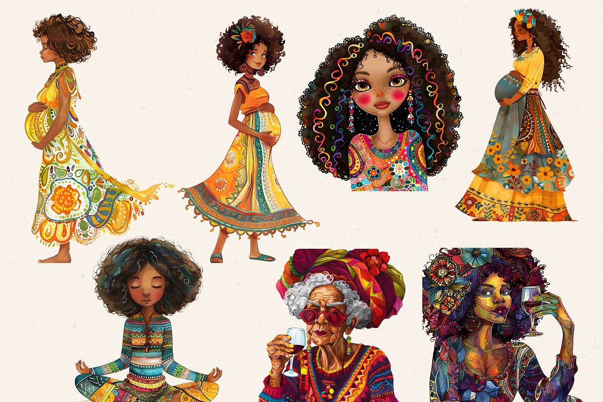 AFRO BOHO GIRLS ALL AGES CLIPART, a Person Illustration by Daring Digies (Photo 4 of 10)