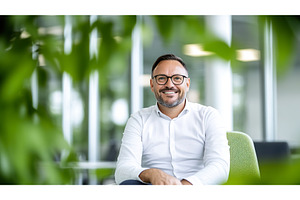 Smiling Man with Glasses Sitting in, a Person Photo by Lermont51