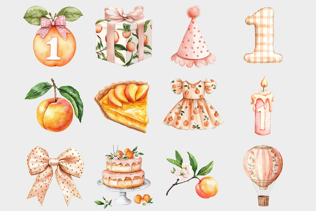 Watercolor Peach One Birthday Clipar, a Seasonal Illustration by Design Market (Photo 3 of 5)