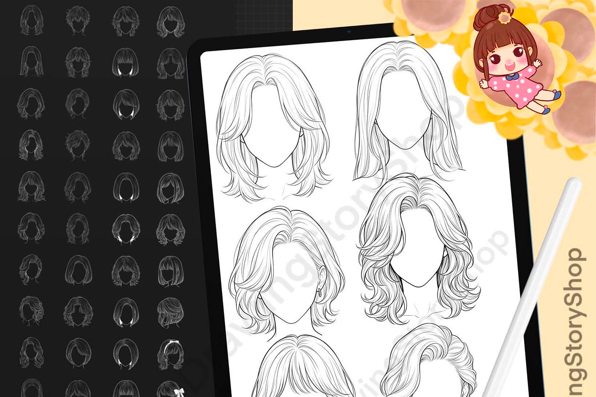150Procreate Female Hairstyle Stamps, a Brush Add-On by DrawingStoryShop (Photo 1 of 6)