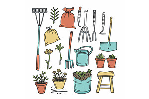 Hand drawn colorful gardening tools, an Object Illustration by Vectorstockersland