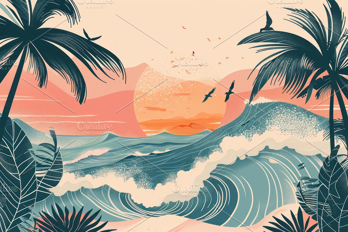 Vibrant Sunset at a Tropical Beach with Waves and Palms Illustrated - Generativ, an Animal Illustration by José Manuel Gelpi
