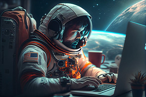 Astronaut On The Moon Working With Notebook . 3d Rendering.