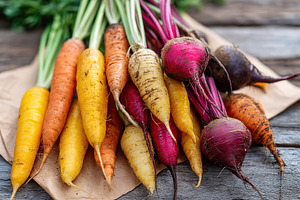 Freshly harvested seasonal root vegetables with vibrant colors and textures rea, a Photo by AlyaAnd