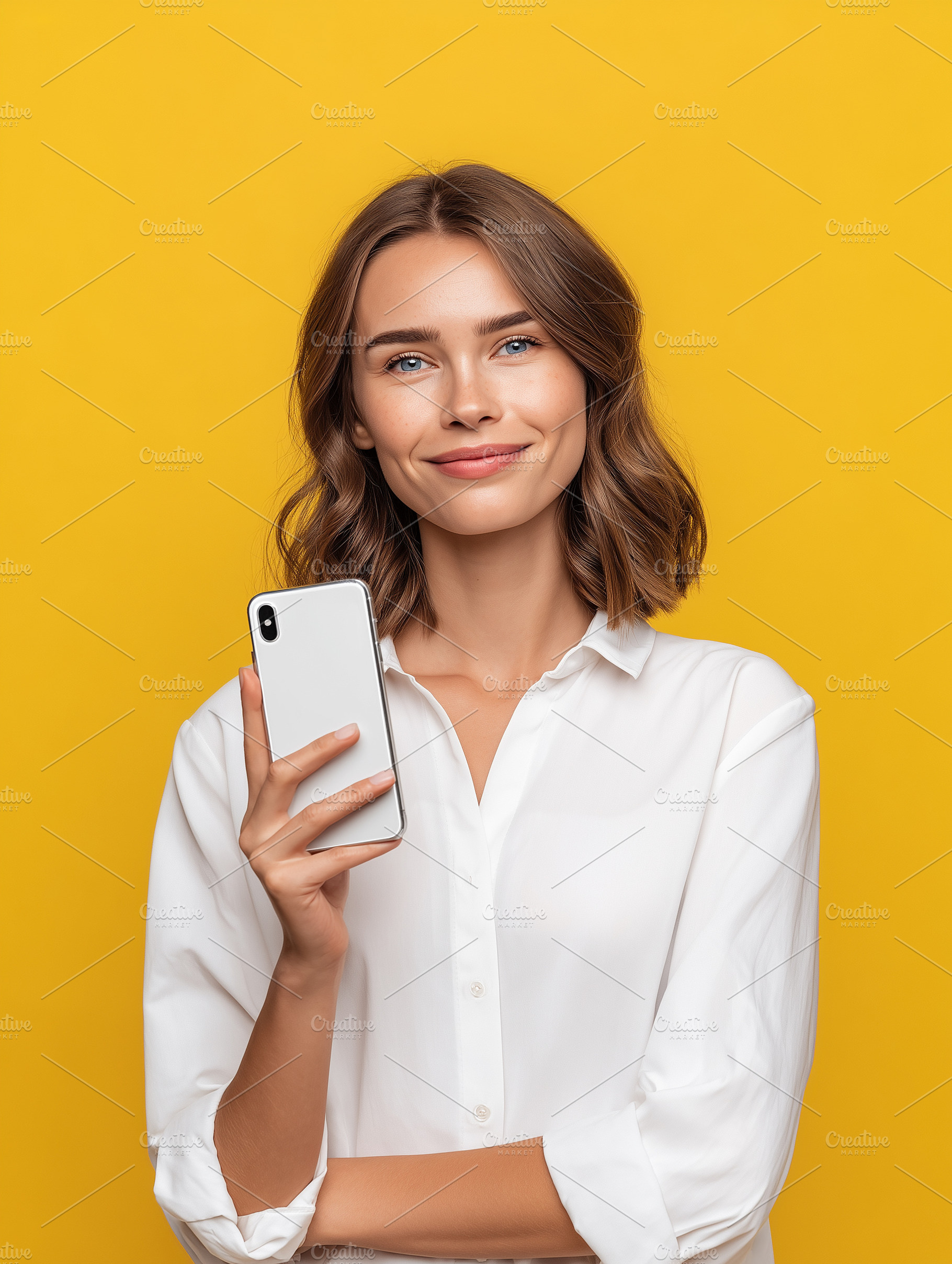 Smiling young woman holding phone, a Technology Photo by MistyDay