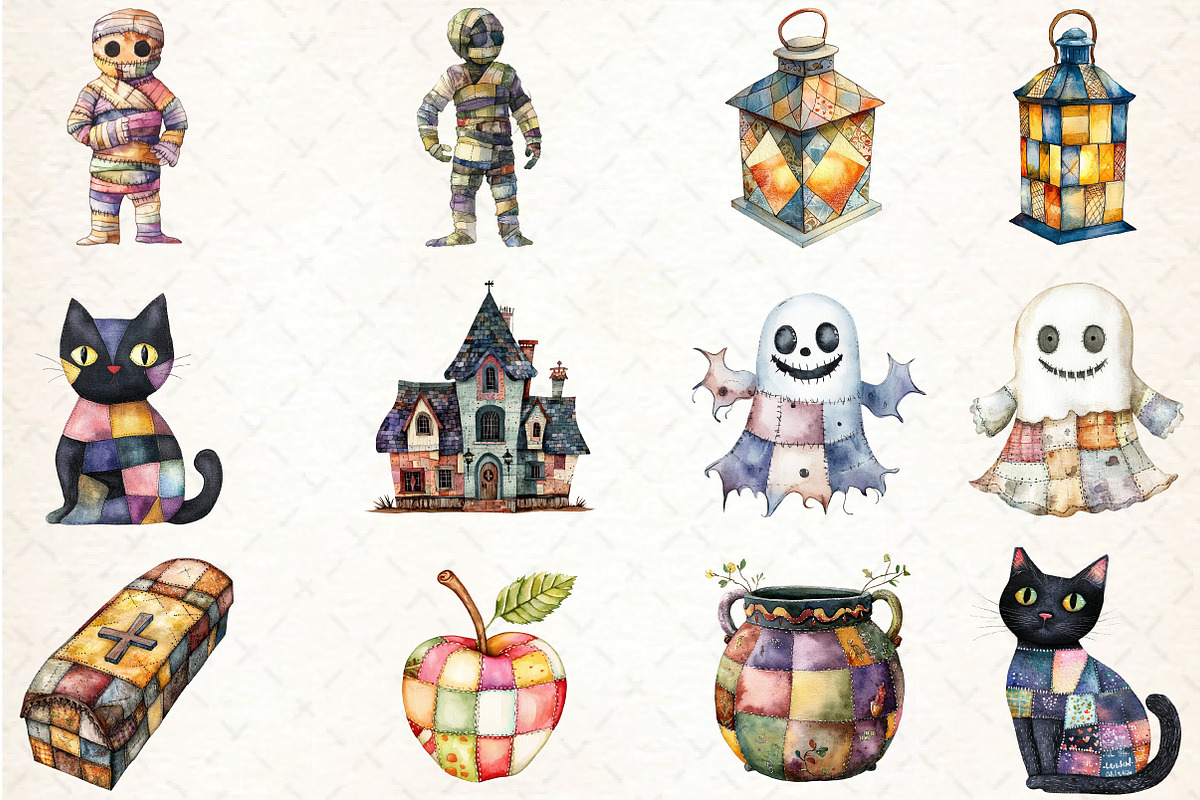 Cute Patchwork Halloween Clipart, an Illustration by DreamCafeArt (Photo 2 of 5)