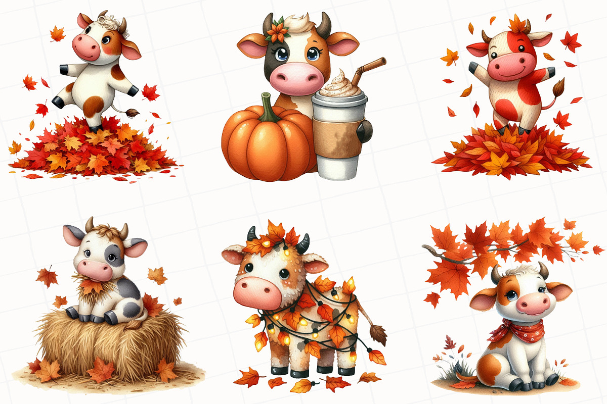 Watercolor Autumn Cow Clipart, an Illustration by OK Design (Photo 3 of 5)