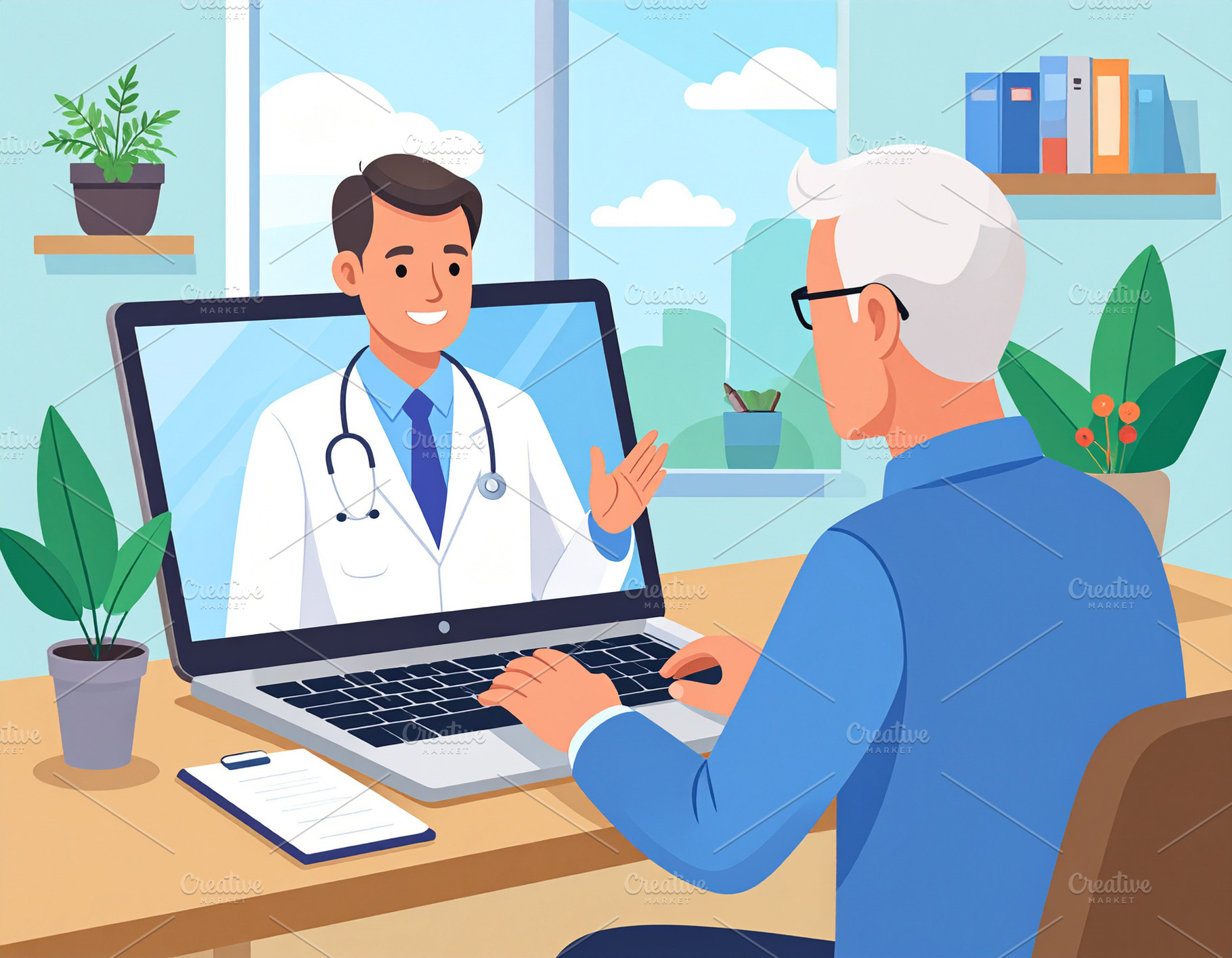 Person using a laptop with a doctor on a video call, a Photo by DanFLCreativo