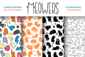 Meowers Icons And Seamless Pattern