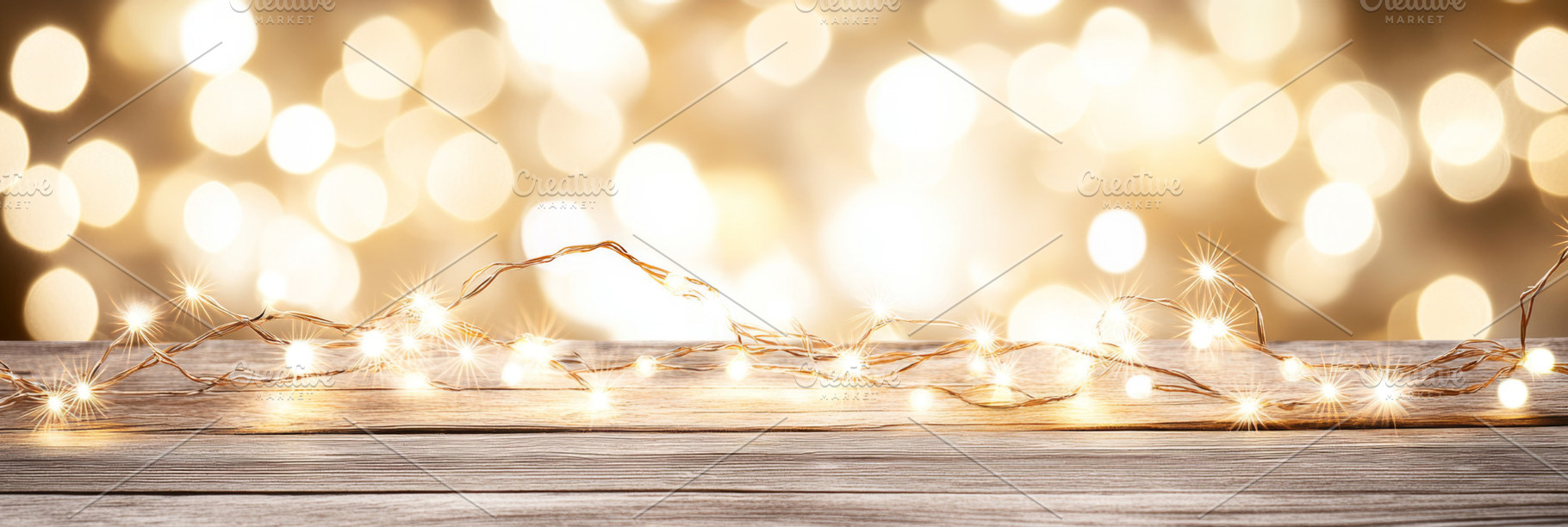 Festive bokeh lights on wooden table, a Photo by Dvoevnore photos