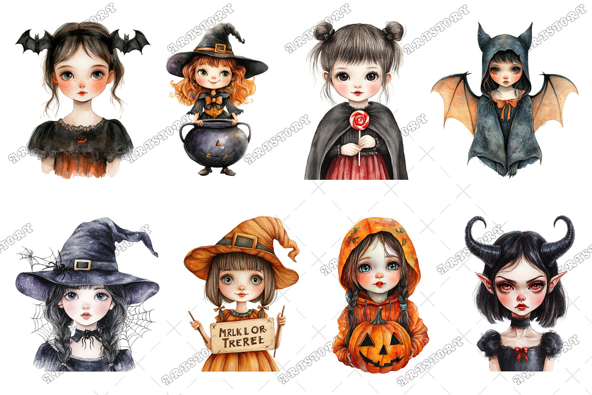 Halloween Girl Watercolor Clipart, an Illustration by designcity5 (Photo 2 of 5)