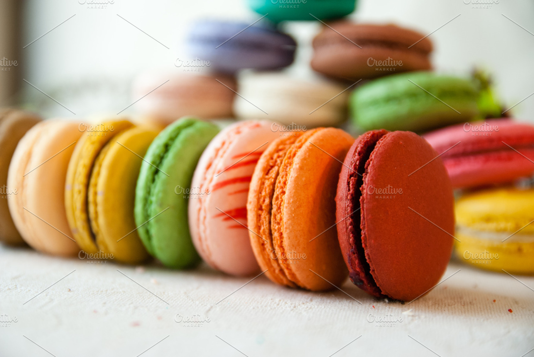 Row of Rainbow Macarons, a Food & Drink Photo by preetim