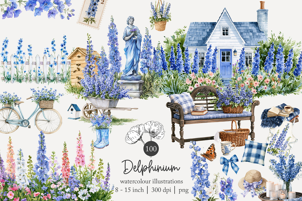 100 watercolour delphinium clip art, a Seasonal Illustration by Poppy Lane Studio (Photo 1 of 12)