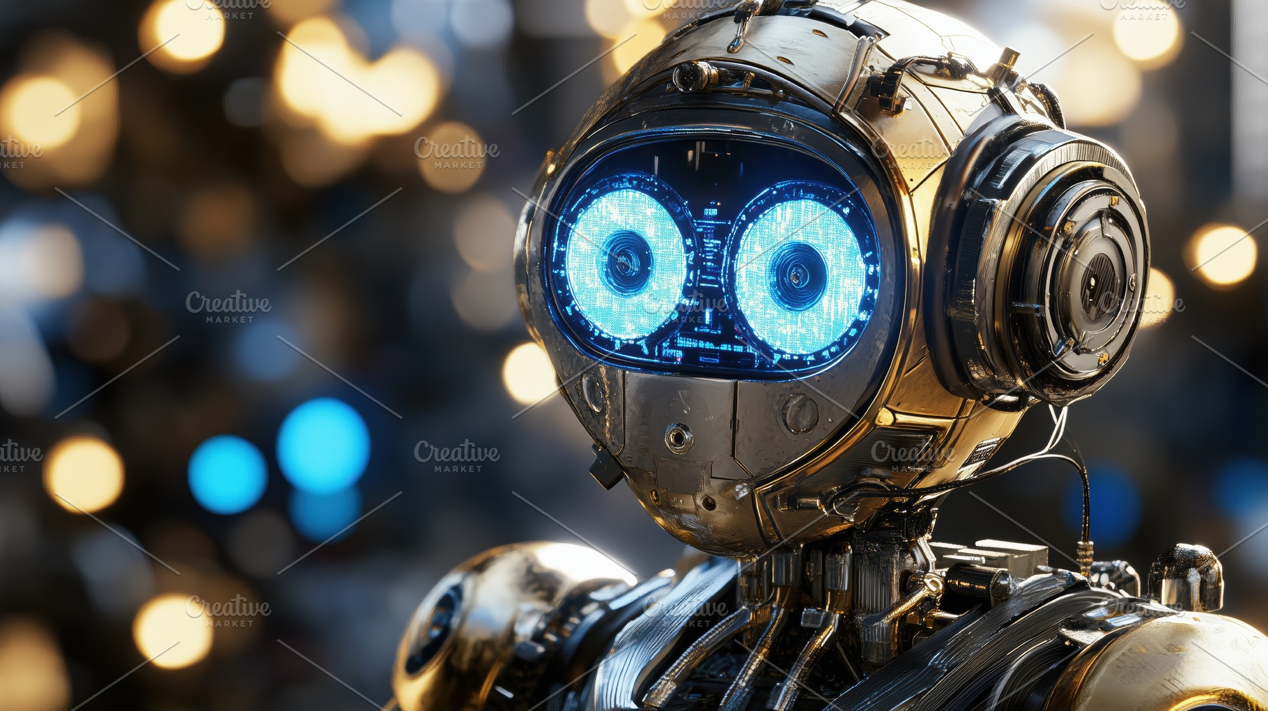 A futuristic robot with large, glowing blue eyes and a metallic body, set again, an Industrial Photo by Textures & Backgrounds