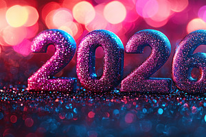 Glittery 2026 numbers with vibrant pink blue bokeh lights and sp, a Background Photo by José Manuel Gelpi