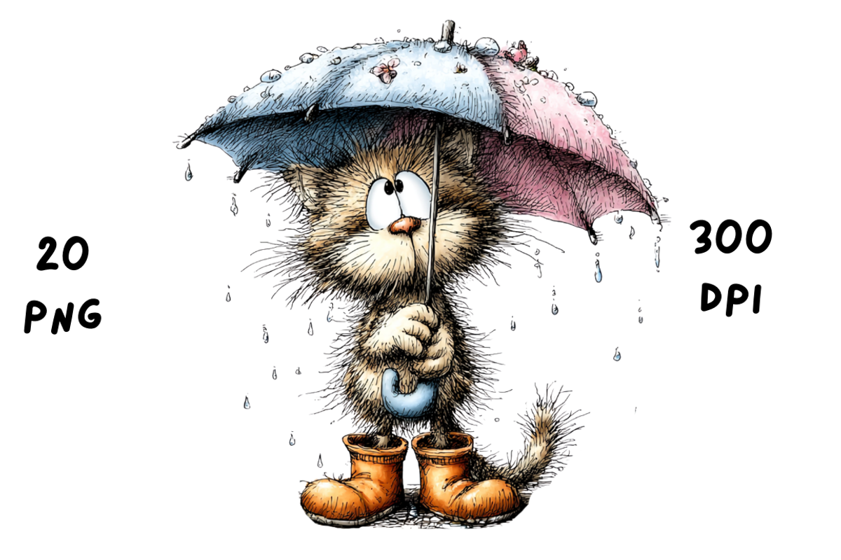 Whimsical Funny Rainy Cat Clipart, an Animal Illustration by GiraffeCreative (Photo 17 of 20)